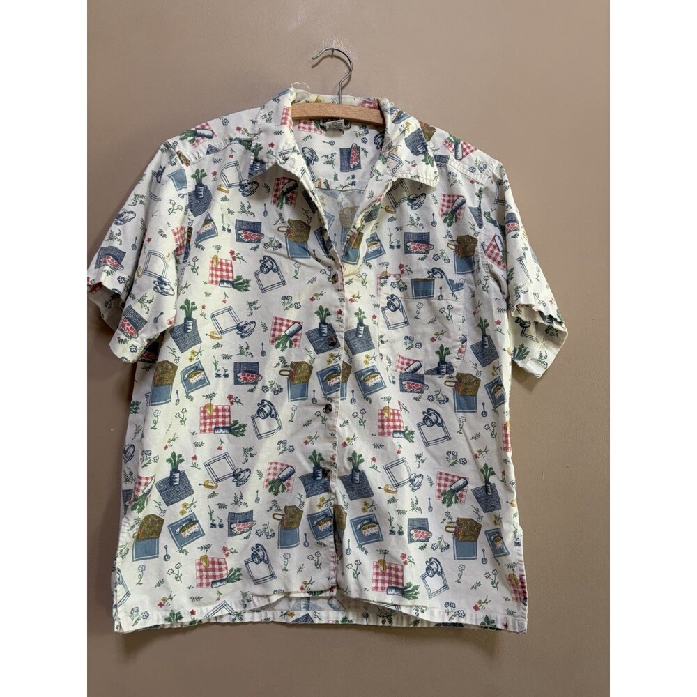Vintage 100% Cotton Cottage Size L Button Up Picnic Garden Grandma Short Sleeve